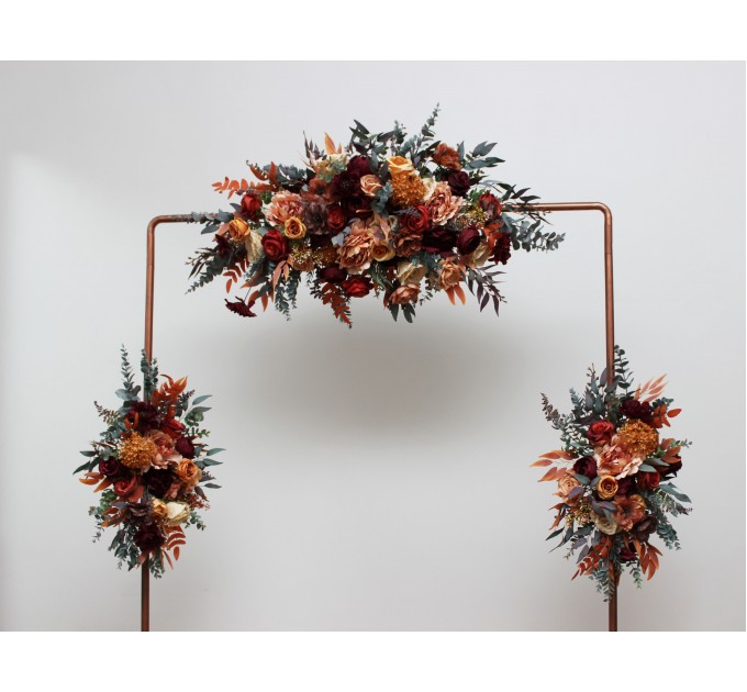 Flower arch arrangement in burgundy burnt orange rust peach colors. Arbor flowers. Floral archway. Faux flowers for wedding. 0502