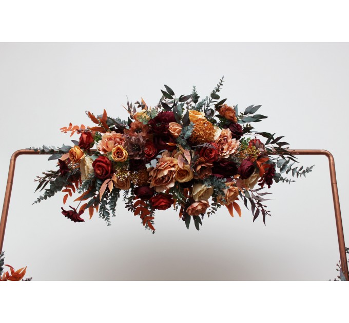 Flower arch arrangement in burgundy burnt orange rust peach colors. Arbor flowers. Floral archway. Faux flowers for wedding. 0502