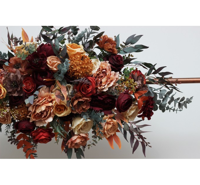 Flower arch arrangement in burgundy burnt orange rust peach colors. Arbor flowers. Floral archway. Faux flowers for wedding. 0502