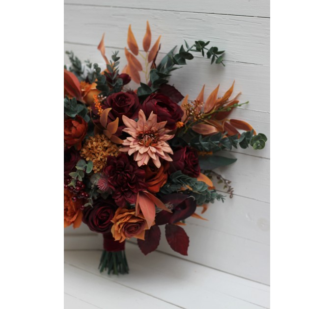Wedding bouquets in rust burgundy cinnamon orange color theme. Bridal bouquet.Cascading bouquet. Faux bouquet. Bridesmaid bouquet 0033