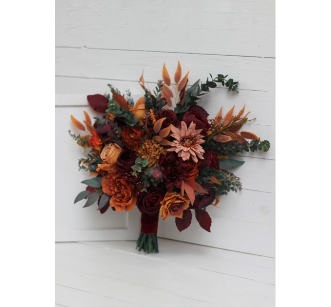 Wedding bouquets in rust burgundy cinnamon orange color theme. Bridal bouquet.Cascading bouquet. Faux bouquet. Bridesmaid bouquet 0033