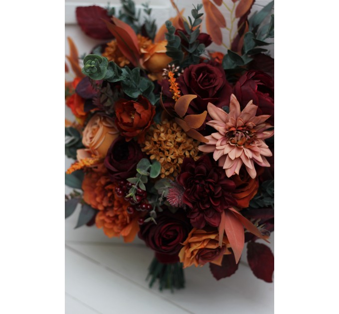 Wedding bouquets in rust burgundy cinnamon orange color theme. Bridal bouquet.Cascading bouquet. Faux bouquet. Bridesmaid bouquet 0033