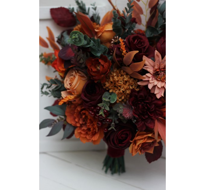 Wedding bouquets in rust burgundy cinnamon orange color theme. Bridal bouquet.Cascading bouquet. Faux bouquet. Bridesmaid bouquet 0033