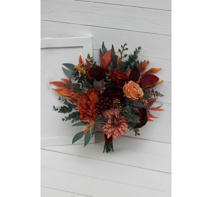 Wedding bouquets in rust burgundy cinnamon orange color theme. Bridal bouquet.Cascading bouquet. Faux bouquet. Bridesmaid bouquet 0033