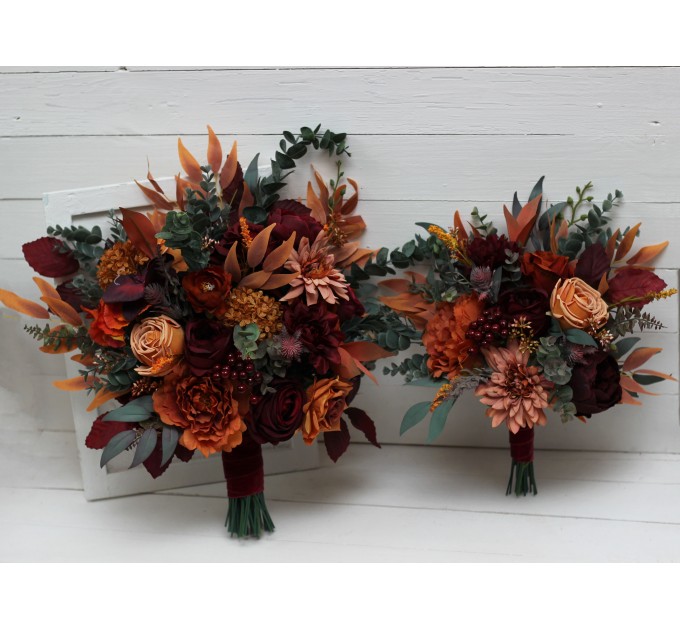 Wedding bouquets in rust burgundy cinnamon orange color theme. Bridal bouquet.Cascading bouquet. Faux bouquet. Bridesmaid bouquet 0033