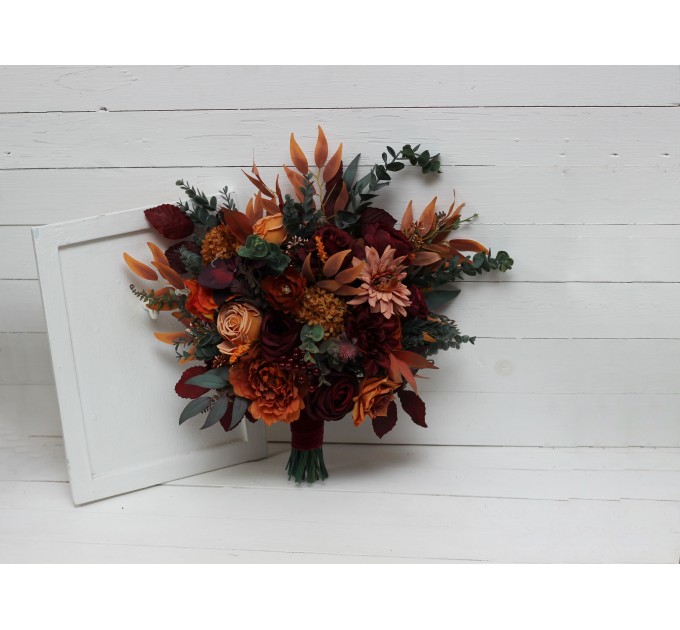 Wedding bouquets in rust burgundy cinnamon orange color theme. Bridal bouquet.Cascading bouquet. Faux bouquet. Bridesmaid bouquet 0033