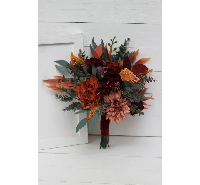 Wedding bouquets in rust burgundy cinnamon orange color theme. Bridal bouquet.Cascading bouquet. Faux bouquet. Bridesmaid bouquet 0033