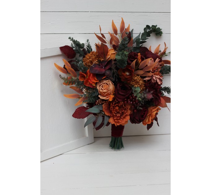 Wedding bouquets in rust burgundy cinnamon orange color theme. Bridal bouquet.Cascading bouquet. Faux bouquet. Bridesmaid bouquet 0033