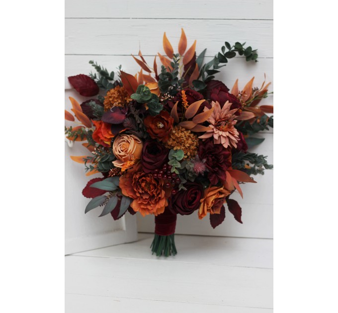 Wedding bouquets in rust burgundy cinnamon orange color theme. Bridal bouquet.Cascading bouquet. Faux bouquet. Bridesmaid bouquet 0033