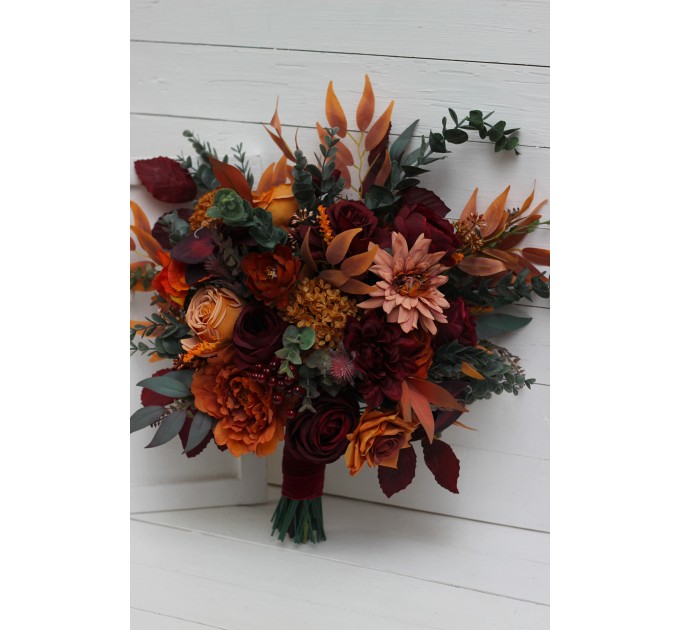 Wedding bouquets in rust burgundy cinnamon orange color theme. Bridal bouquet.Cascading bouquet. Faux bouquet. Bridesmaid bouquet 0033