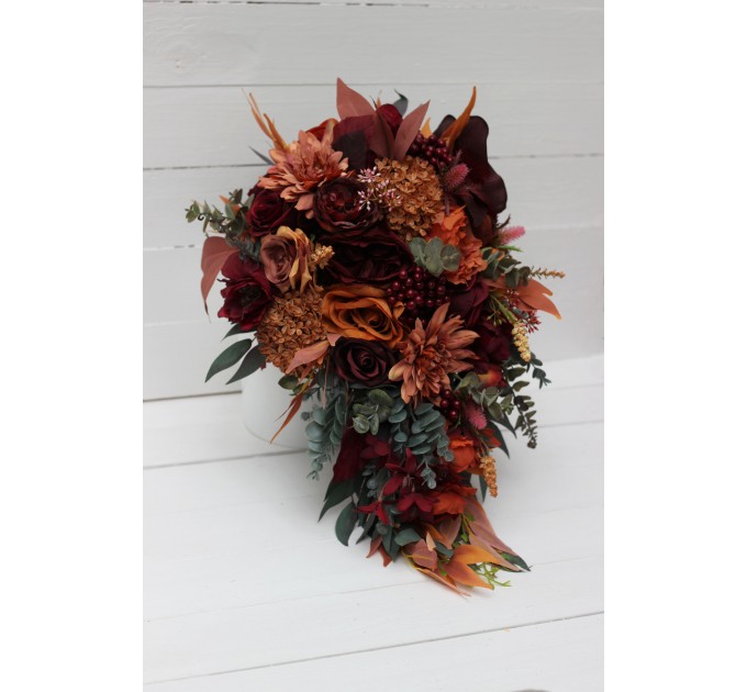 Wedding bouquets in rust burgundy cinnamon orange color theme. Bridal bouquet.Cascading bouquet. Faux bouquet. Bridesmaid bouquet 0033