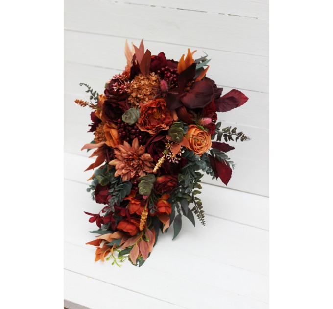 Wedding bouquets in rust burgundy cinnamon orange color theme. Bridal bouquet.Cascading bouquet. Faux bouquet. Bridesmaid bouquet 0033