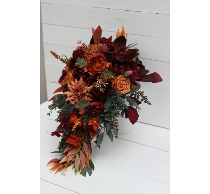 Wedding bouquets in rust burgundy cinnamon orange color theme. Bridal bouquet.Cascading bouquet. Faux bouquet. Bridesmaid bouquet 0033