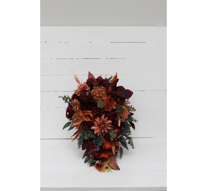 Wedding bouquets in rust burgundy cinnamon orange color theme. Bridal bouquet.Cascading bouquet. Faux bouquet. Bridesmaid bouquet 0033