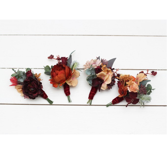 Wedding Boutonnieres & Wrist Corsage in Burgundy, Burnt Orange, Rust & Peach | Faux Flower Accessories