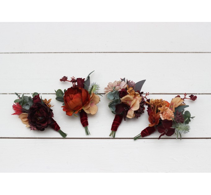 Wedding Boutonnieres & Wrist Corsage in Burgundy, Burnt Orange, Rust & Peach | Faux Flower Accessories