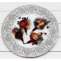 Wedding boutonnieres and wrist corsage  in  burgundy burnt orange rust peach  color theme. Flower accessories. 0502