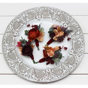 Wedding boutonnieres and wrist corsage  in  burgundy burnt orange rust peach  color theme. Flower accessories. 0502