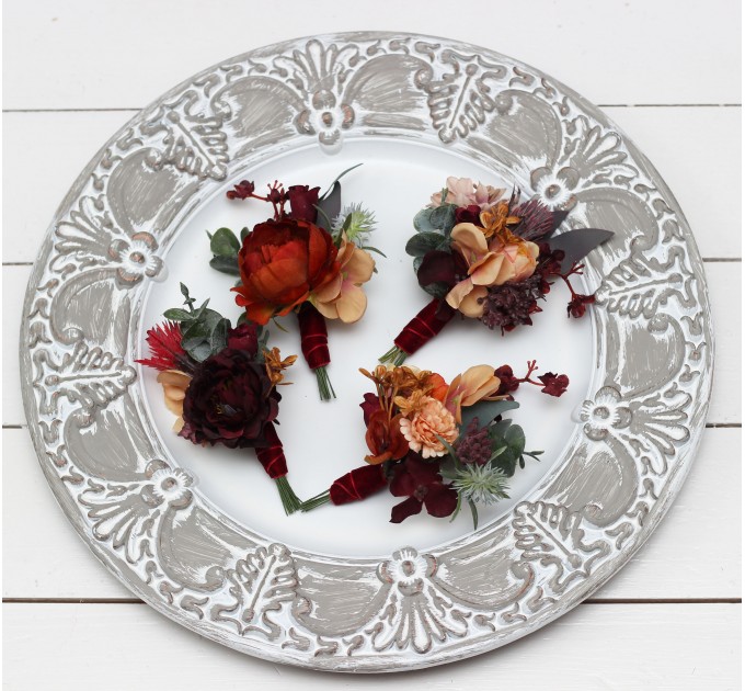 Wedding Boutonnieres & Wrist Corsage in Burgundy, Burnt Orange, Rust & Peach | Faux Flower Accessories