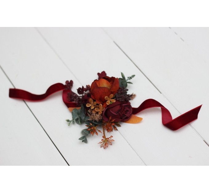 Wedding Boutonnieres & Wrist Corsage in Burgundy, Burnt Orange, Rust & Peach | Faux Flower Accessories