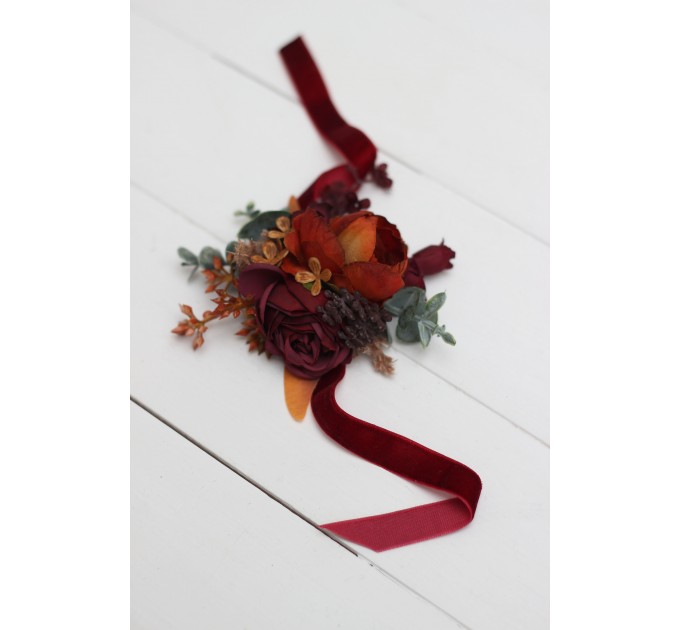 Wedding Boutonnieres & Wrist Corsage in Burgundy, Burnt Orange, Rust & Peach | Faux Flower Accessories