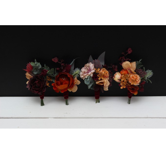 Wedding Boutonnieres & Wrist Corsage in Burgundy, Burnt Orange, Rust & Peach | Faux Flower Accessories
