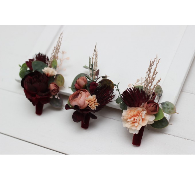Wedding Boutonnieres & Wrist Corsage in Burgundy, Dusty Rose & Peach | Faux Flower Accessories