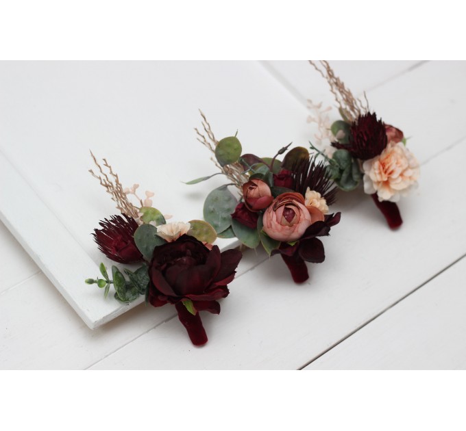 Wedding Boutonnieres & Wrist Corsage in Burgundy, Dusty Rose & Peach | Faux Flower Accessories