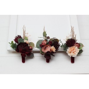 Wedding boutonnieres and wrist corsage  in  burgundy dusty rose peach color theme. Flower accessories. 0501