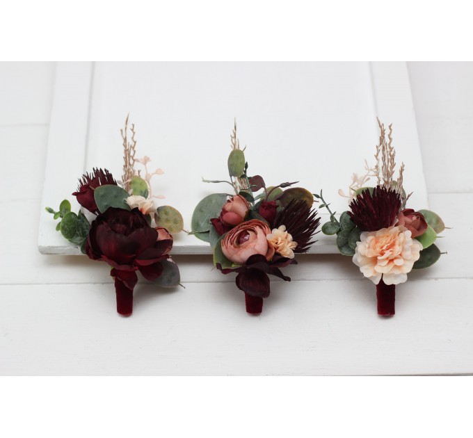Wedding Boutonnieres & Wrist Corsage in Burgundy, Dusty Rose & Peach | Faux Flower Accessories