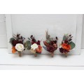 Wedding boutonnieres and wrist corsage in burgundy rust ivory cinnamon color theme. Flower accessories. 0039