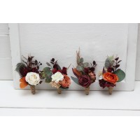 Wedding boutonnieres and wrist corsage  in  burgundy rust ivory cinnamon color theme. Flower accessories. 0039