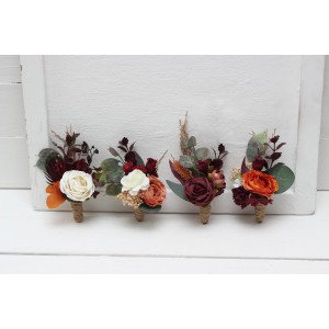 Wedding boutonnieres and wrist corsage  in  burgundy rust ivory cinnamon color theme. Flower accessories. 0039