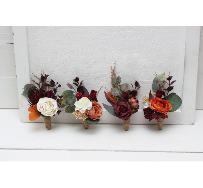 Wedding boutonnieres and wrist corsage in burgundy rust ivory cinnamon color theme. Flower accessories. 0039