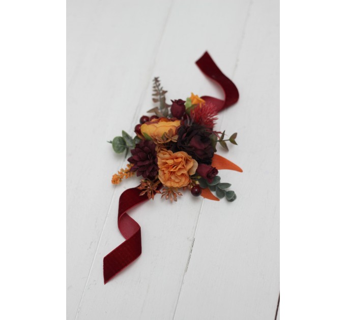 Wedding Boutonnieres & Wrist Corsage in Rust, Burgundy, Cinnamon & Orange | Faux Flower Accessories