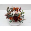 Burgundy rust ivory cinnamon centerpiece. Table decor. Flowers in box. 0039
