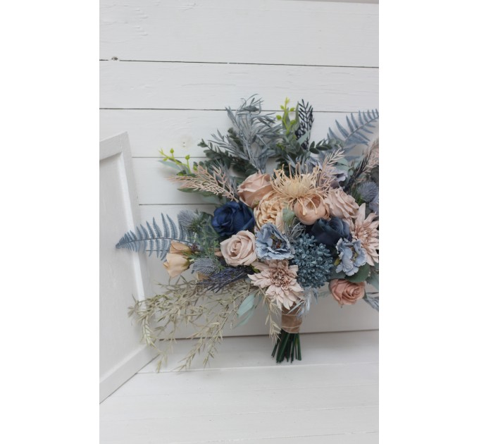 Beige Dahlia & Dusty Navy Blue Wedding Bouquets | Faux Bridal & Bridesmaid Bouquets