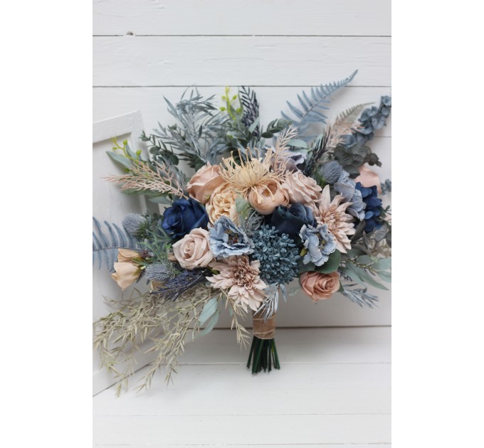 Beige Dahlia & Dusty Navy Blue Wedding Bouquets | Faux Bridal & Bridesmaid Bouquets