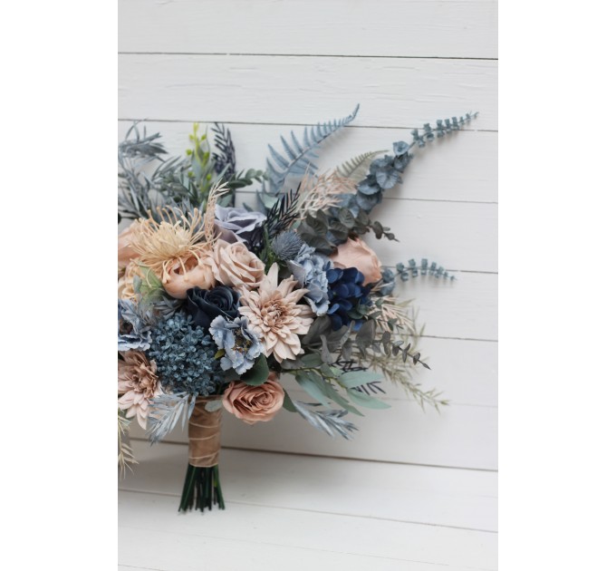 Beige Dahlia & Dusty Navy Blue Wedding Bouquets | Faux Bridal & Bridesmaid Bouquets