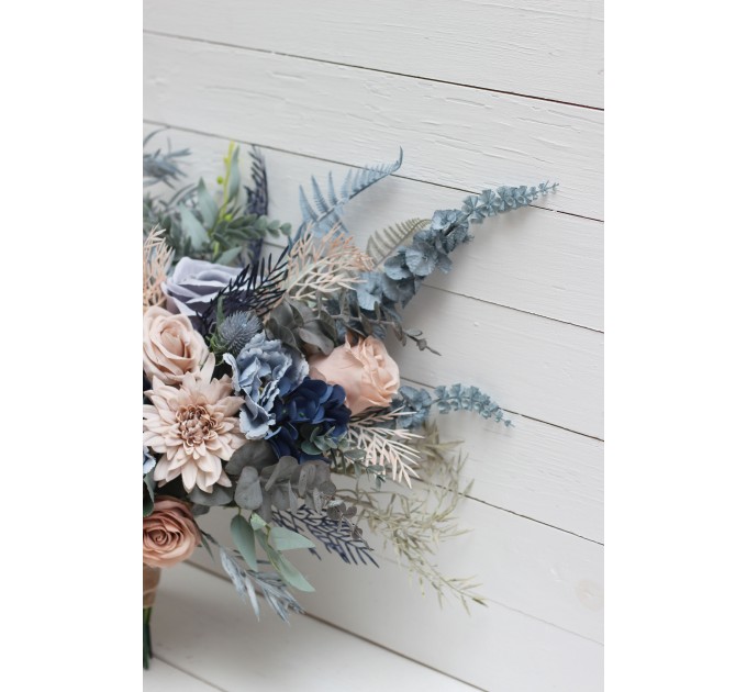 Beige Dahlia & Dusty Navy Blue Wedding Bouquets | Faux Bridal & Bridesmaid Bouquets
