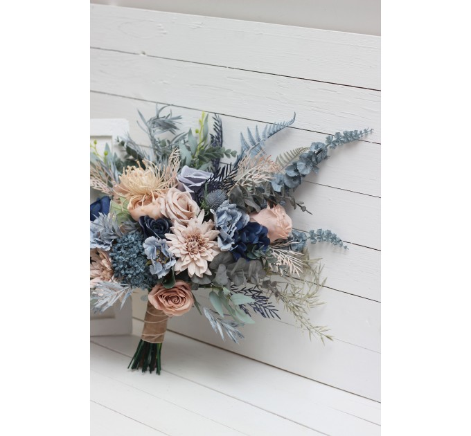 Beige Dahlia & Dusty Navy Blue Wedding Bouquets | Faux Bridal & Bridesmaid Bouquets