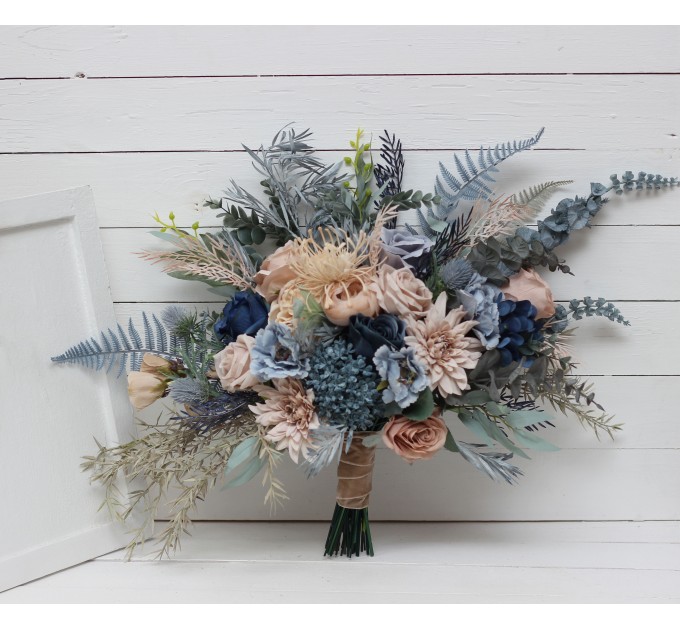 Beige Dahlia & Dusty Navy Blue Wedding Bouquets | Faux Bridal & Bridesmaid Bouquets