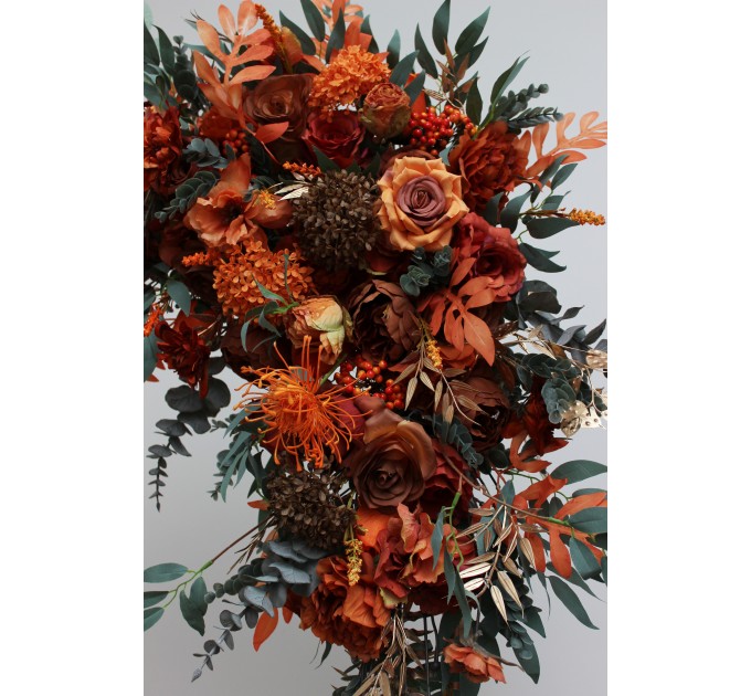  Flower arch arrangement in rust terracotta burnt orange colors.  Arbor flowers. Floral archway. Faux flowers for wedding arch. 0505