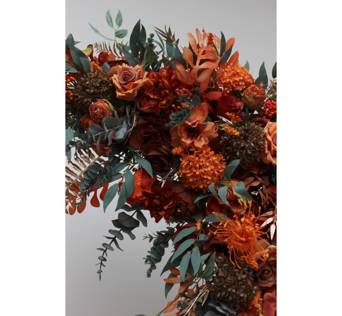  Flower arch arrangement in rust terracotta burnt orange colors.  Arbor flowers. Floral archway. Faux flowers for wedding arch. 0505