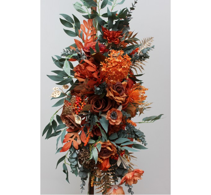  Flower arch arrangement in rust terracotta burnt orange colors.  Arbor flowers. Floral archway. Faux flowers for wedding arch. 0505