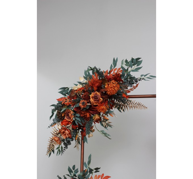  Flower arch arrangement in rust terracotta burnt orange colors.  Arbor flowers. Floral archway. Faux flowers for wedding arch. 0505