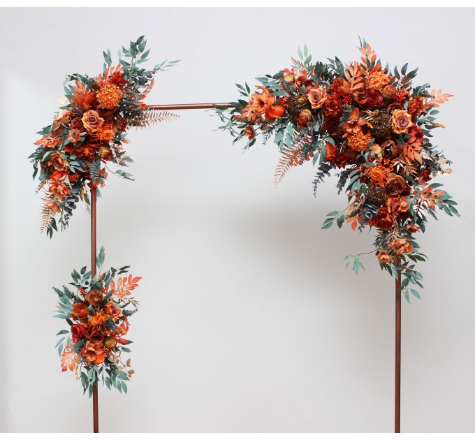  Flower arch arrangement in rust terracotta burnt orange colors.  Arbor flowers. Floral archway. Faux flowers for wedding arch. 0505