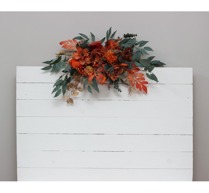  Flower arch arrangement in rust terracotta burnt orange colors.  Arbor flowers. Floral archway. Faux flowers for wedding arch. 0505