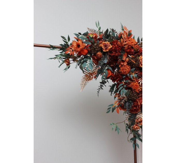  Flower arch arrangement in rust terracotta burnt orange colors.  Arbor flowers. Floral archway. Faux flowers for wedding arch. 0505