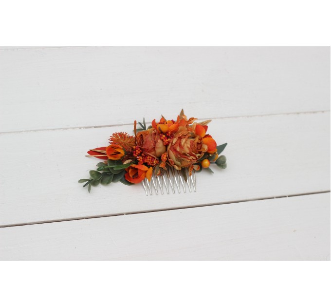 Flower comb in rust terracotta burnt orange color scheme. Wedding accessories for hair. Bridal flower comb. Bridesmaid floral comb. 0505